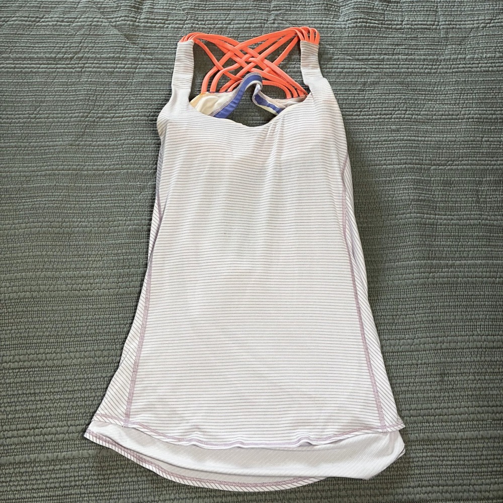 Lululemon Wild Tank Top Purple‎ White Stripe Strappy Back Built-in Bra Yoga